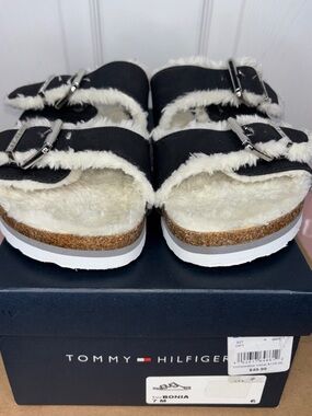 Tommy Hilfiger Dark Navy Blue Slide Sandals with Cream Fleece
